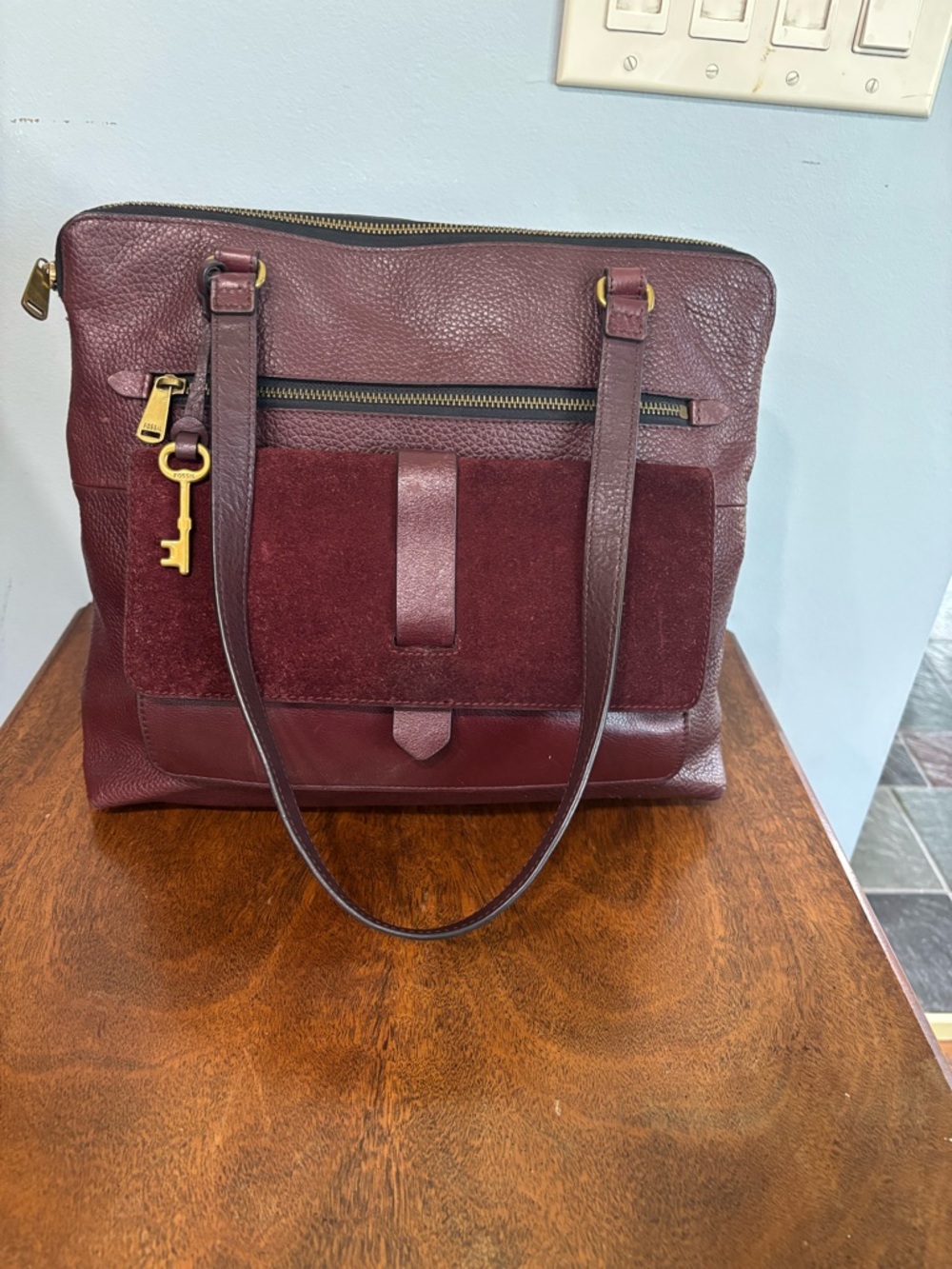 Fossil Kinley Leather and Suede Shopper Tote in Claret Red with gold hardware - Picture 7 of 14